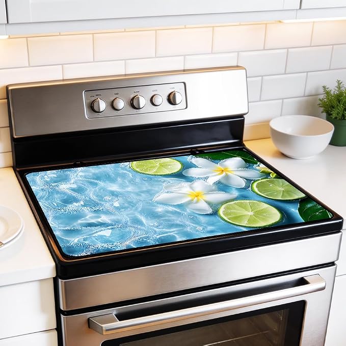Tropical Plumeria Lime Stove Top Cover for Electric Gas Stove | Fresh tropical coastal kitchen decor; non-slip stovetop cover, glass cooktop counter mat, summer citrus lime decor