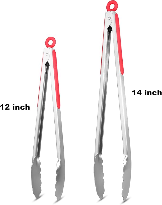 304 Stainless Steel Kitchen Cooking Tongs, 12 & 14 Inch, Set of 2, Red | Locking Food Tongs with Non-slip Grips and Hanging Loops for Cooking, Grilling, BBQ and Serving, Dishwasher Safe
