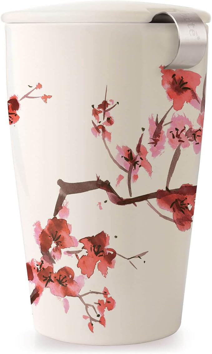 Tea Forte Double-Walled Ceramic Kati Cup, Removable Stainless Steel Infuser Basket and Lid, Steeps 12 oz Loose Leaf Tea, Dishwasher & Microwave Safe, Cherry Blossom | Insulated Ceramic - Stainless Steel Loose Leaf Infuser - Keeps Tea Hot Longer - Lid I...