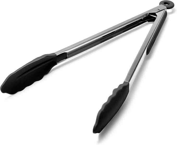 Doosu Kitchen Tongs with Silicone Tips for Cooking Serving (12in, Black) | 600°F Heat Resistant Food Tong, Heavy Duty Stainless Steel Locking Tong for BBQ, Grilling Steak, Salad, Toast, Pasta