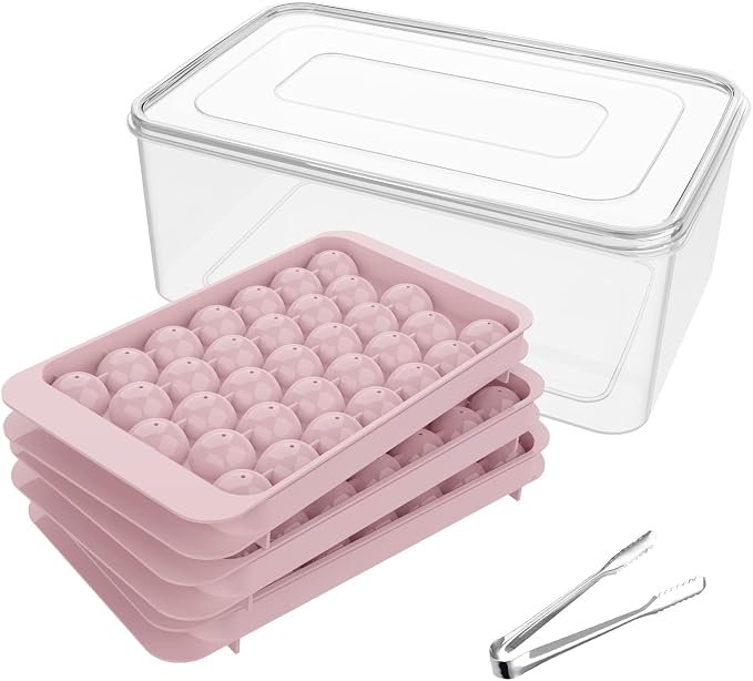 Ice Cube Tray with Lid and Bin, 1" Round Ice Trays for Freezer | 3 Pink Ice Cube Trays with Ice Box & Tong, 1" Round Ice Balls for Iced Coffee & Juice, Easy Twist Release, For Gatherings