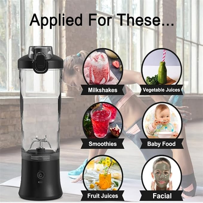 Portable Blender,USB 600ML Electric Juicer Fruit Mixer,4000mAh,Personal compact travel juicer,Smoothies,Fresh juice,Self-cleaning,Leakproof lid, Smart time display,6 blades,with strong blending,Black