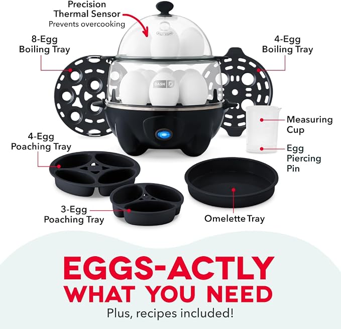 Dash Deluxe Egg Cooker, 12 Hard Boiled Eggs, Black | Electric Double Decker Egg Poacher, Steamer & Omelette Maker Machine, Soft or Poached Eggs, Auto Shut-Off, BPA-Free