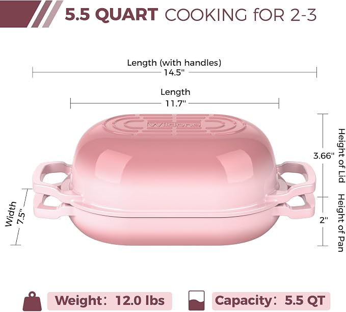 Wildone Enameled Cast Iron Dutch Oven Pot with Lid, Oval Bread Oven | Loaf Cast Iron Bread Pan for Homemade Bread Baking, Meatloaf Pan with Lid, 5.5QT, Pink