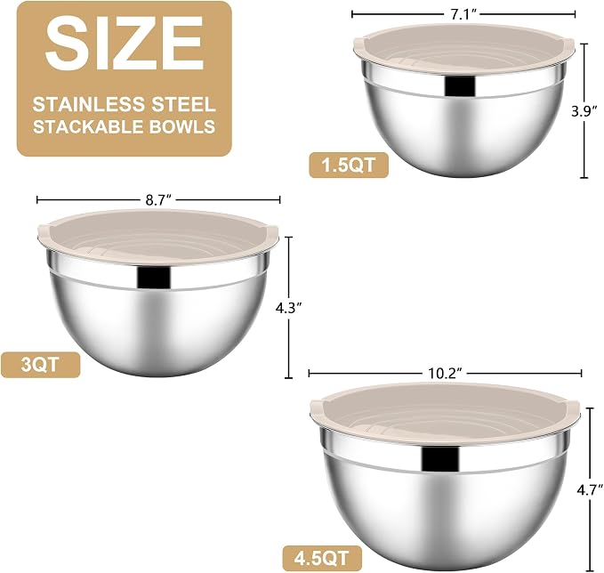 E-far Mixing Bowls with Lids Set, 6-Piece Stainless Steel Salad Bowls | Metal Nesting Cooking Bowls with Airtight Lid for Kitchen Storage, Baking & Prepping, Dishwasher Safe, 1.5/3/4.5 QT, Khaki