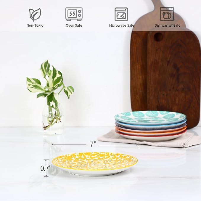 Selamica Ceramic Dessert Plates, 7 Inch Small Plates, Appetizer Plates for Kitchen, Set of 6, Microwave Dishwasher Safe, Assorted Colors