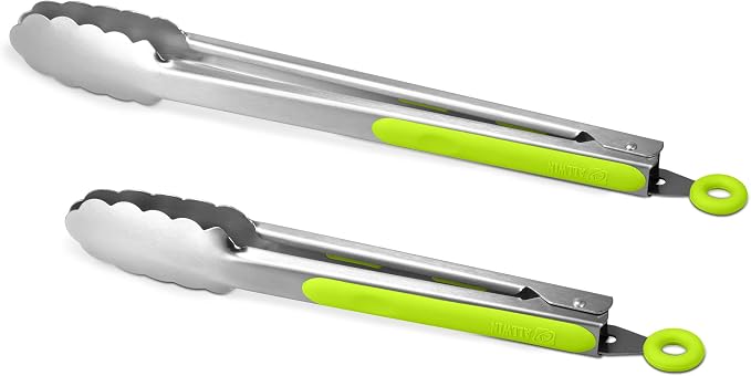 Premium 304 Stainless Steel Tongs Set – 12" Grill Tongs & 9" Cooking Tongs, Heat Resistant up to 600°F, Wavy Grip Head, Non‑Slip Handle with Locking Clip & Hanging Loop, Dishwasher Safe, Green