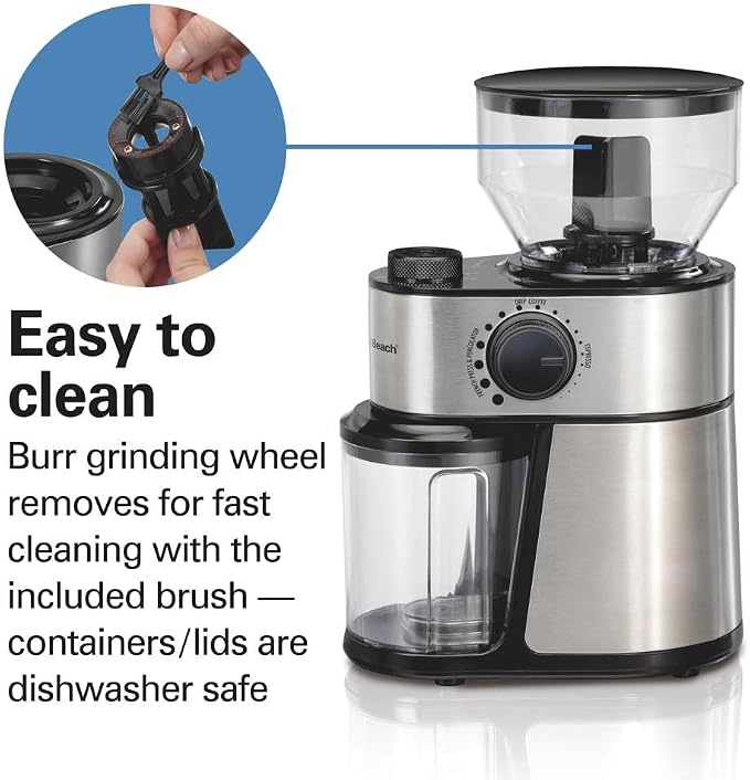 Hamilton Beach Electric Burr Coffee Grinder with Large 16 oz. Hopper | 18 Grind Settings For Espresso To French Press Coffee | Makes 2-14 Cups | Auto Shutoff | Easy Clean | Stainless Steel | 80385
