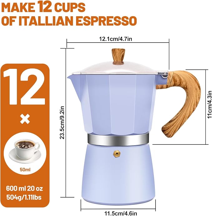 12 Cup Aluminum Espresso Stovetop Moka Pot Express Coffee Maker Percolator Italian Classic Mocha Coffee Machine for Italian and Cuban Cafe Brewing for Home & Camping 600ml 20oz