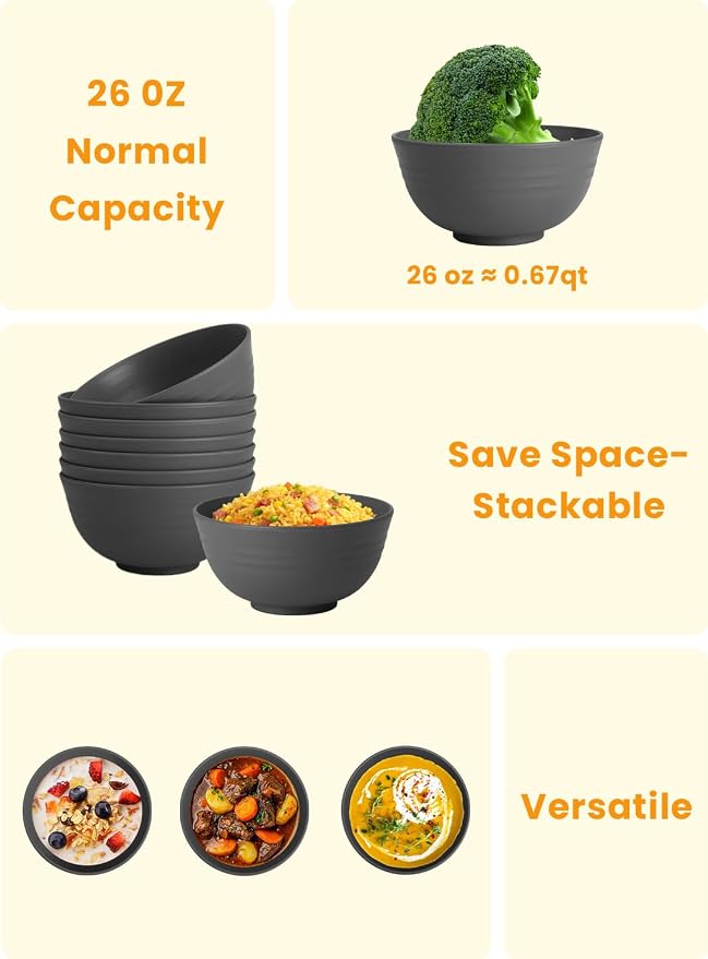 Hoimenly Wheat Straw Bowls for Kitchen, Unbreakable Cereal Bowl Set of 8, 26oz Microwave and Dishwasher Safe Bowls Set for Party, Camping, Alternatives to Plastic Bowl, Stackable Soup Bowls(Dark Grey)