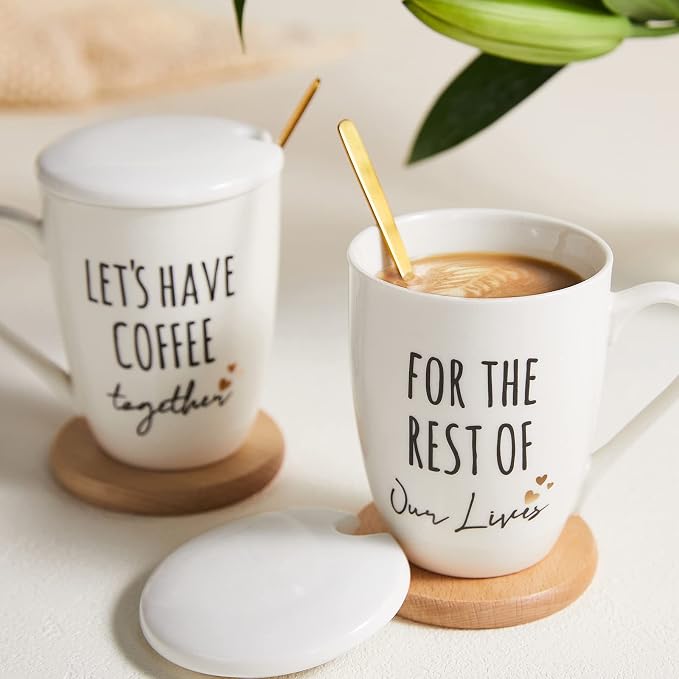 AW BRIDAL Ceramic Engagement Gifts For Couples Coffee Mugs Set Of 2, 12 Oz | Unique Newly Engaged Bachelorette Bridal Shower Gift for Bride, Anniversary Wedding Gifts for Couple Housewarming Gift Ideas