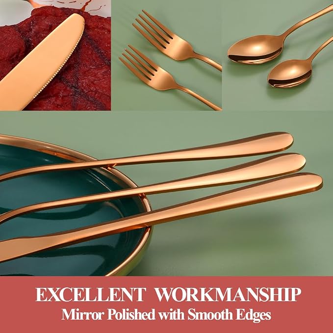 20 Pcs Rose Gold Silverware Set for 4, Food Grade Stainless Steel Flatware Set, Eating Utensils Sets Include Fork/Knife/Spoon, Reusable Cutlery Set for Home Kitchen, Dishwasher Safe, Round Edge