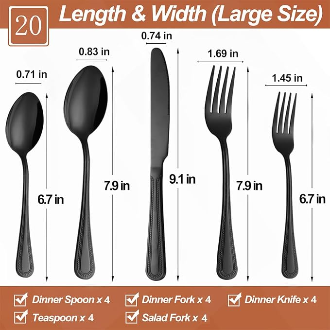 Silverware Set,20-Piece Stainless Steel Flatware Set for 4 | Food-Grade Stainless Steel Cutlery Set,Dishwasher Safe,Mirror Finished Utensil Sets for Home Restaurant,Pearl-Edged,Black