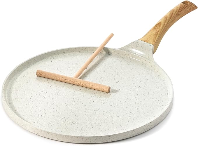SENSARTE 12 Inch Nonstick Crepe Pan Ceramic Coating Pancake Pan White | Natural Ceramic Coating Dosa Pan Pancake Flat Skillet Tawa Griddle with Stay-Cool Handle, Induction Compatible
