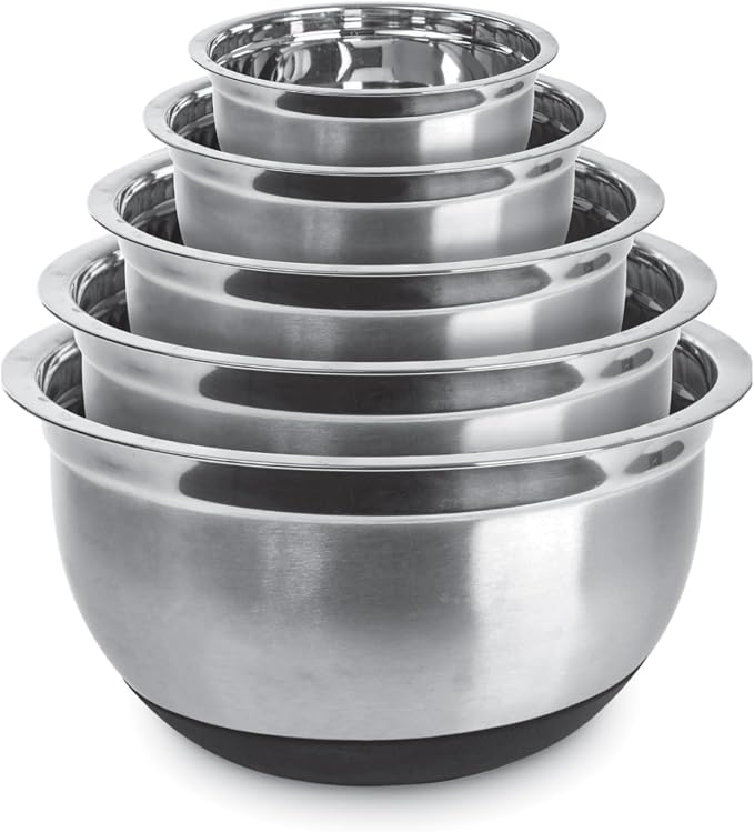 Premium Stainless Steel Mixing Bowls with Lids Non-Slip, Set of 5 Mixing Bowl Set with Silicone Base, Space Saving, Great for Cooking, Baking, Prepping (0.25qt, 1qt, 1.5qt, 3qt, 5qt)