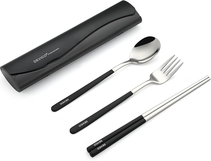 DEVICO Camping Utensils, Full-Size Reusable Silverware for Lunch Adult | 18/8 Stainless Steel Reusable Travel Cutlery Set,Korean Chopsticks Fork and Spoon Set for Lunch Box/Camping/Picnic/Dorm,Black