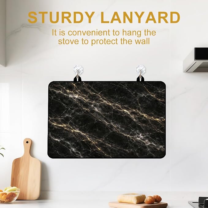 Black Gold Marble Stove Top Cover for Electric Gas Glass Top Stove | Black and gold marble kitchen decor; non-slip stovetop cover, glass cooktop cover, faux marble counter mat for glam kitchen