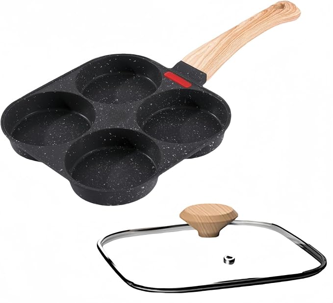 HUPECHAM Egg Pan With Lid 4-Cup Nonstick, and Healthy Granite Egg Frying Pan, Versatile Breakfast Skillet for Eggs, Pancakes, Plett, Crepes, Compatible with Gas Stove and Induction Cooktop