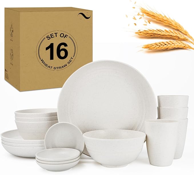Premium Wheat Straw Dinnerware Set for 4 Unbreakable Plates Bowls and Cups Set 16 PCS Dishwasher & Microwave Safe Dishes Set for RV,Camping,Kitchen Essentials-White