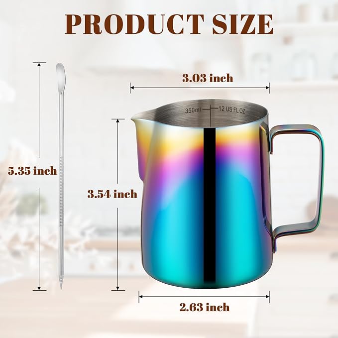 Amrules Milk Frothing Pitcher 12oz Frother Cup Barista Tools, Multicolor | 18/8 Stainless Steel, 12oz Capacity with Clear Scale, with Decorating Pen, Ergonomic Handle, for Cappuccino, Latte & Espresso
