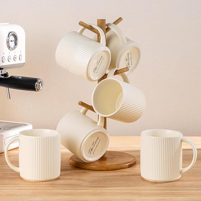 theterra Ceramic Coffee Mugs Set of 4, 14.2 oz Coffee Cups with Handle | Handmade, Suitable for Latte, Tea, Milk, Beer & Hot Cocoa, Beige