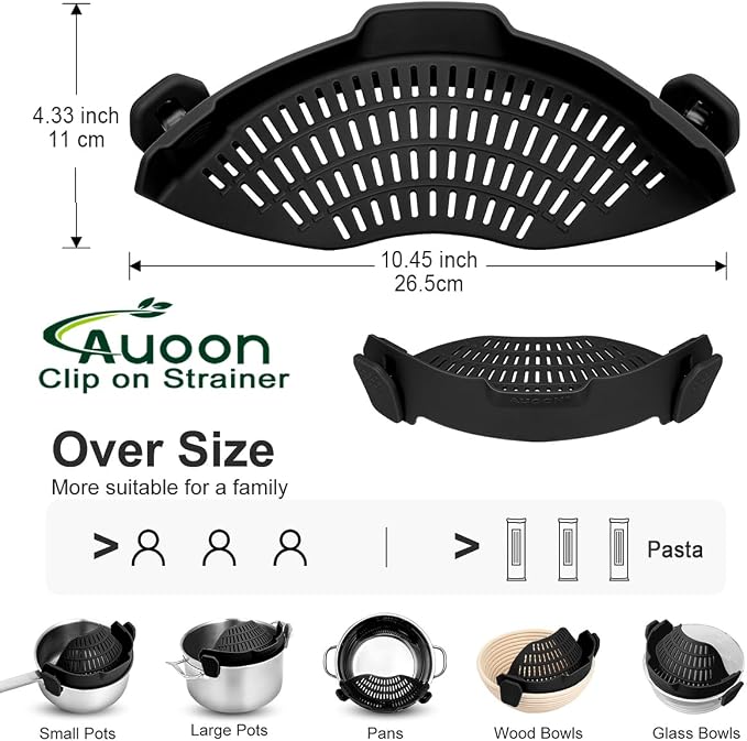AUOON Pot Strainer Clip on Silicone, Large 10.45 x 4.33 in, Black | Fits Pots Pans Bowls, Dishwasher Safe, for Pasta Noodles Vegetable Fruits, Space-saving Kitchen Gadget