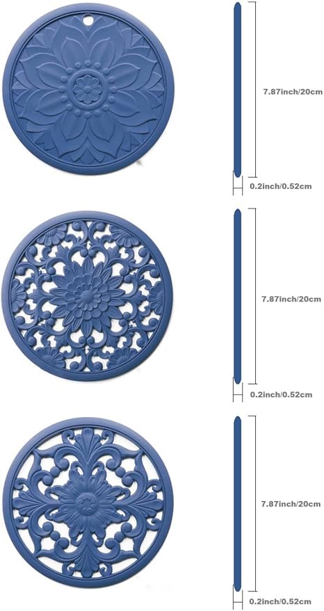 Silicone Trivets - Silicon Mats for Hot Pots and Pans, Multi-Use Carved Hot Pads, Flexible Modern Kitchen Table Mat, Heat Resistant Round Teapot Coaster Set of 3 Blue