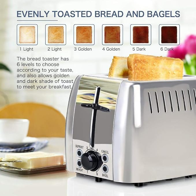 Toasters 2 Slice Wide Slot Stainless Steel Toaster for Bagels | 6 Browning Setting, Bagel/Reheat/Defrost/Cancel Function, Slim Toaster 2 Slice, Bread & Bagel Toaster