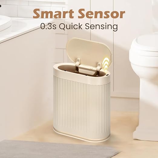 SYNCVIBE Bathroom Trash Can with Lid, 2 Gallon, Automatic Lid, Beige | Motion Sensor Garbage Can, 7.5 Liter Smart Trash Bin, IPX5 Waterproof Narrow Plastic Wastebasket for Bedroom and Office