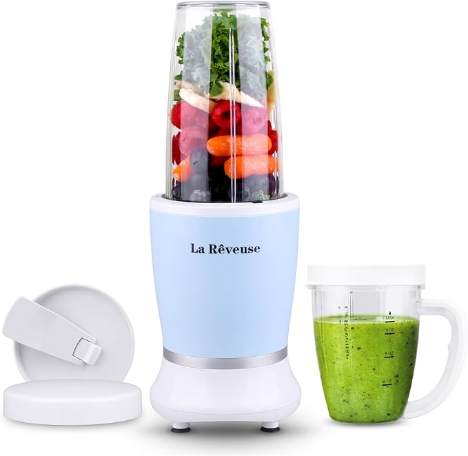 La Reveuse Personal Smoothie Blender, 7 Pieces Set, 250W, Sky Blue | for Shakes Smoothies Dips Sauces, BPA-free, Push to Blend, (1) 15oz Cup, (1) 10oz Mug, Dishwasher Safe, Compact, LARB1825