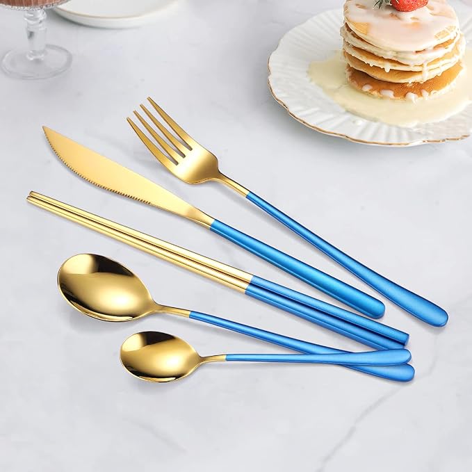 AARAINBOW 6 Pieces 18/8 Stainless Steel Flatware Set Portable Reusable Cutlery Set Travel Utensils Set Including Chopsticks Knife Fork Spoon Straws Cleaning Brush Dishwasher Safe (Blue golden)