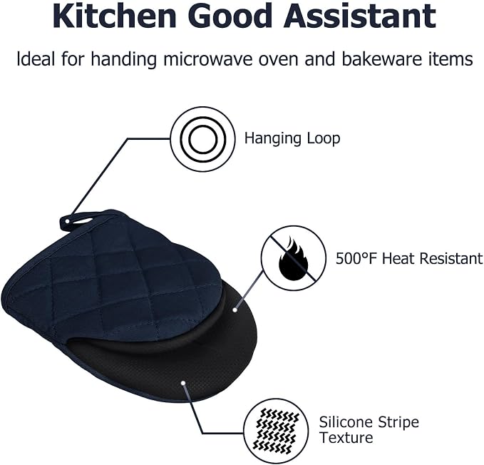 Goldmeet Mini Oven Mitts 2-Pack, 7"x5.5", 500°F Silicone Grip, Navy Blue | Non-Slip, Heat Resistant, Machine Washable, Hanging Loop, Fits Small Hands, for Baking Grilling BBQ Cooking