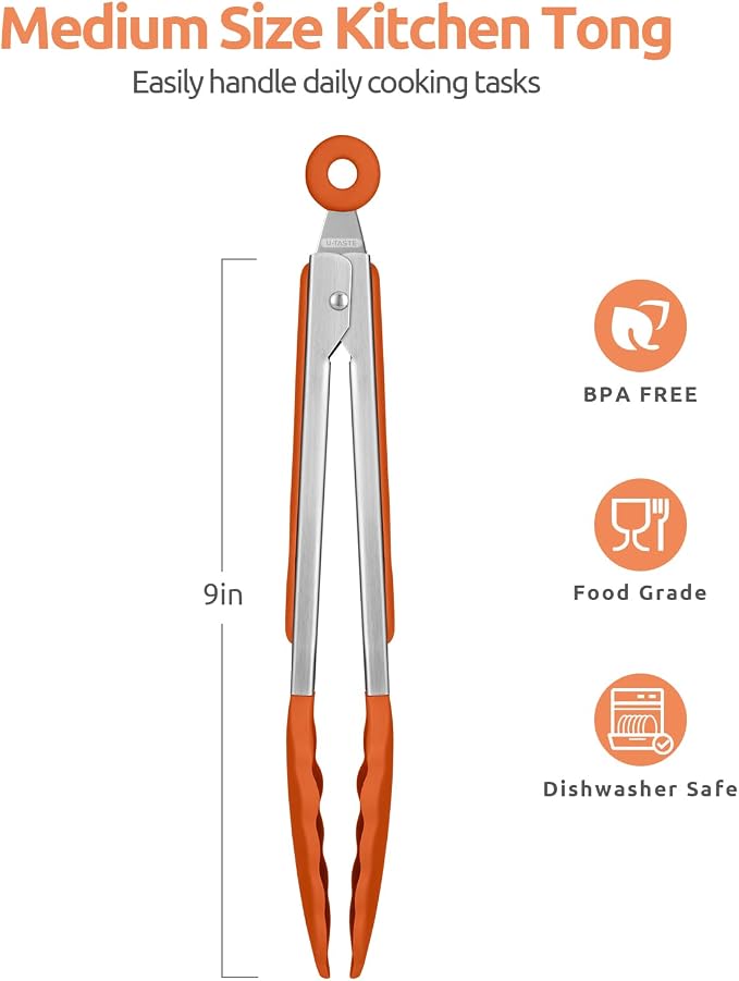U-Taste Kitchen Tong for Cooking, 600ºF Heat-Resistant Tps, 9in/Orange | Rubber Tong for Serving Food, Salad/Grill/BBQ/Steak/Pasta Silicon Tongs, 18/8 Stainless Steel Handle & Smooth Locking