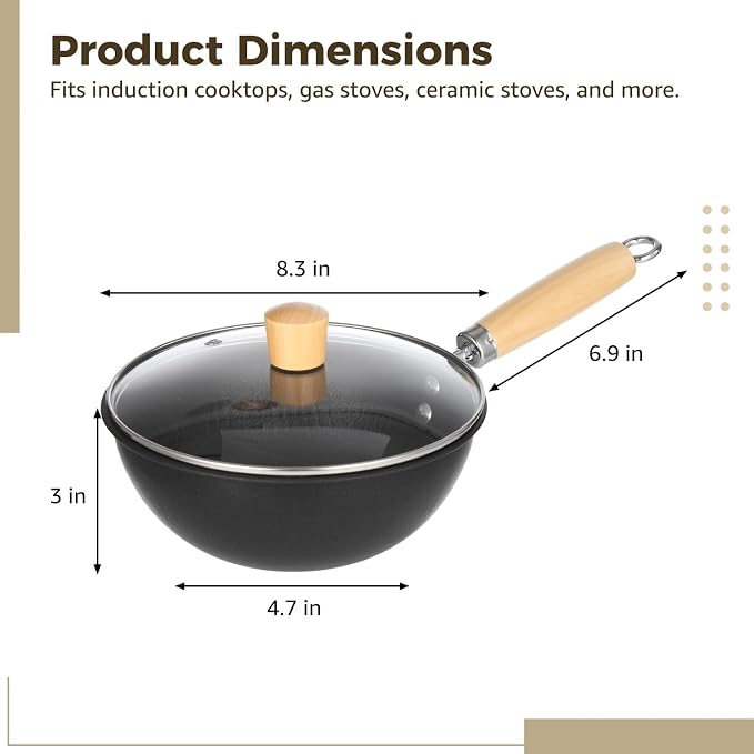 Small Wok with Lid, Mini Wok, 8" Non-stick Mini Frying Pan, Compact, Coating-less, Cast Iron Wok with Wooden Handle, Compatible with Induction, Gas, Ceramic Stove