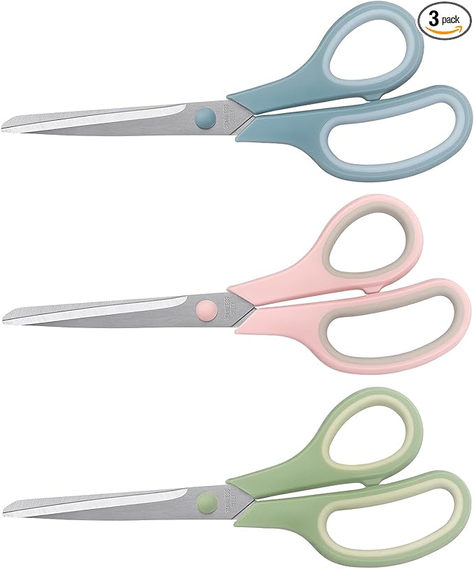 LONGKEY 8.5" Pastel Scissors 3-Pack, Ultra Sharp Stainless Steel | All Purpose Scissors for Office Home School, Soft Comfort-Grip Right/Left Hand