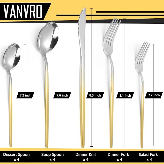 VANVRO Gradient Gold Silverware Set, 20-Piece Stainless Steel Cutlery Set, Kitchen Flatware,Utensil Set Service for 4, Include Knife/Fork/Spoon, Mirror Polished