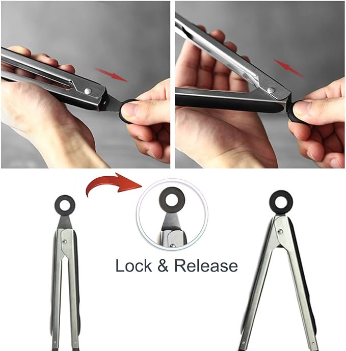 Cooking Tongs 9" and 12" Stainless Steel Kitchen Silicone Serving Tongs | Heat Resistant Meat Turner Spatula Tong Fish Tongs for Grilling Steak Salad Pasta Buffet Serving (Black)