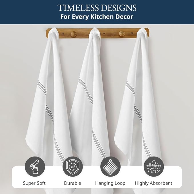 LANE LINEN Kitchen Towel Set, 6 Pack Dish Towels for Kitchen, 100% Cotton Absorbent Tea Towels, Quick Dry, 14"x25", Herringbone Weave, Reusable, Machine Washable, Soft for Drying Dishes - Grey Stripe