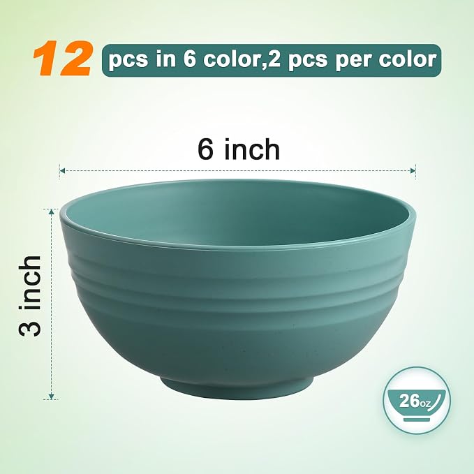 HEYCOME 12 Pcs Unbreakable Cereal Bowls Set, 26 Oz Wheat Straw Bowls Set, Microwave & Dishwasher Safe Rice Bowls for Kitchen, Reusable Plastic Bowls for Soup, Salad and Snack, BPA Free, Multicolor