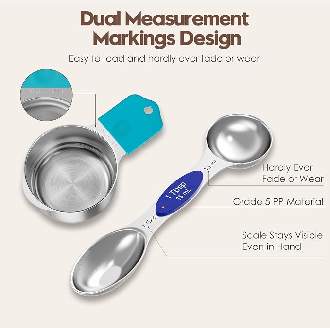 Magnetic Measuring Cups and Spoons Set – 304 Stainless Steel | Dual-Sided Markings | Space-Saving Kitchen Organizer | N52 Magnetic Nesting | 15-Piece with Leveler | Baking & Gift(Colorful)