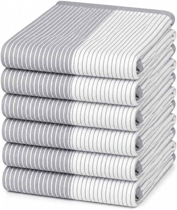 Premium Kitchen Towels 6 Pack 100% Cotton, 20"x28" - Grey | 238GSM Yarn Dyed Flat Woven Stripe Dish Towel for kitchen | Kitchen hand towels with Hanging Loop | Absorbent Linen set