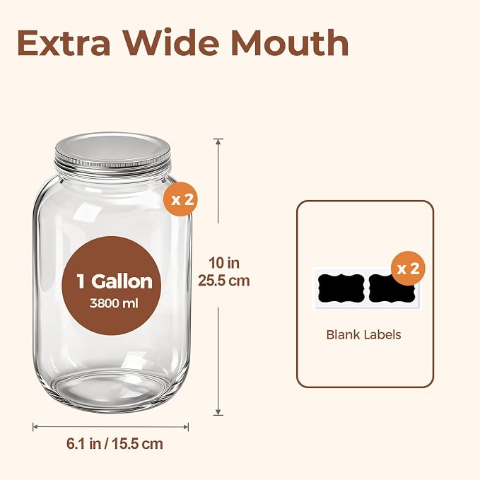 ComSaf 128 oz Wide Mouth Mason Jars 2 Pack, 1 Gallon Glass Jars with Lids | BPA-Free Materials, Large Size, Canning Pickling Sauce, Meal Prep Salad, Sourdough, Flour And Sugar For Baking, Food Storage
