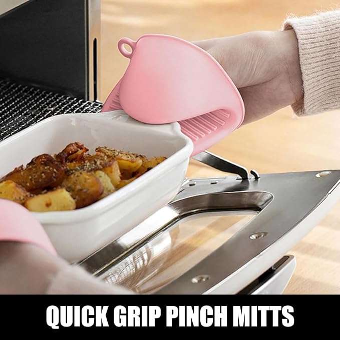 RORECAY Silicone Oven Mitts and Pot Holders Sets, Gloves for Kitchen, Pink | Set of 6 Kitchen Mitts for Baking & Cooking, Heat Resistant 500 ℉, 15" Extra Long, Non-Slip & Waterproof, Quilted Cotton
