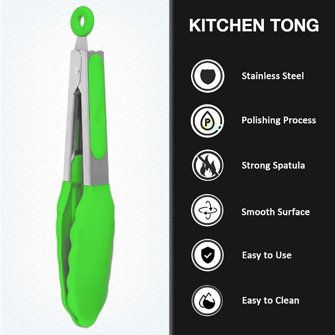 7 Inch Small Serving Tongs with Silicone Tips 3 Pack(Green) | Stainless Steel Handle, Non-Scratch, Heat Resistant