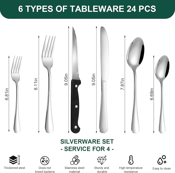 24-Piece Silver Silverware Set with Steak Knives Black Stainless Steel Flatware Set for 4 Food Grade Tableware Cutlery Set Rust-proof, Mirror Polished, Dishwasher Safe