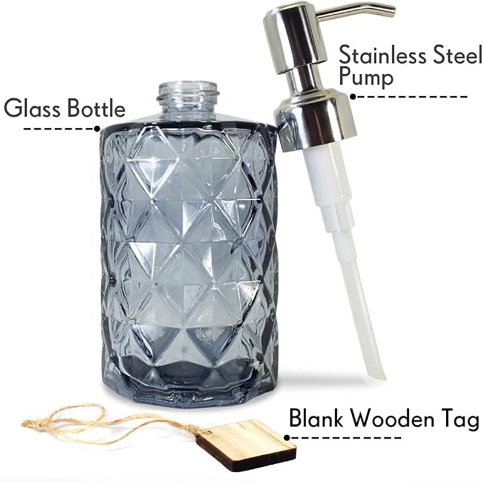 JASAI 12Oz Diamond Grey Glass Soap Dispenser with 304 Rust Proof Soap Pump | Dish Soap Dispenser with 304 Rust Proof for Kitchen, Bathroom Soap dispenser for Hand Soap, Liquid Soap