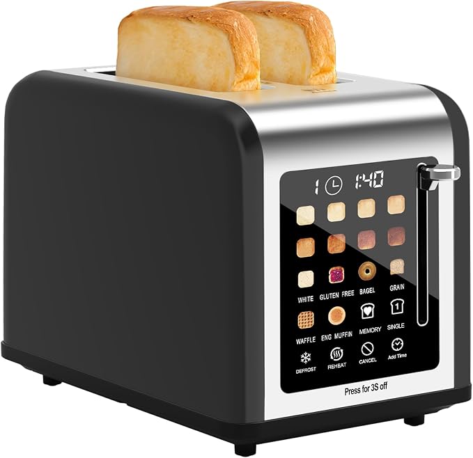 2 Slice Toaster Touch Screen, Stainless Steel Toasters Digital Timer 2 Slot Toasters, 8 Shade Settings 6 Bread Types for Bagel, Cancel, Defrost (Red)