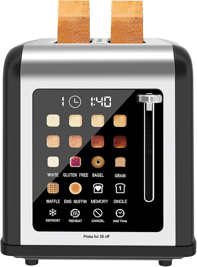 2 Slice Toaster Touch Screen, Stainless Steel Toasters Digital Timer 2 Slot Toasters, 8 Shade Settings 6 Bread Types for Bagel, Cancel, Defrost (Red)