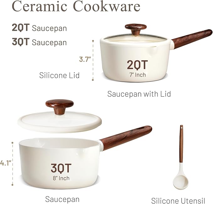CAROTE 2QT & 3QT Sauce Pan Sets with Lid & Ladle Ceramic Nonstick Pot Set Non Toxic Saucepan Small Kitchen Cooking Pots, Easy to Clean, Induction Comptable, PFAS PTFE Free, White