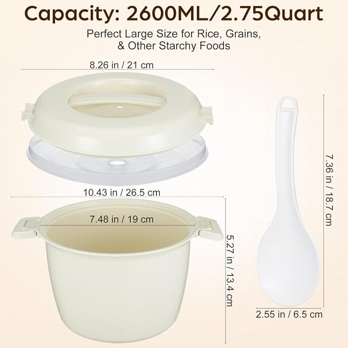 DOITOOL Microwave Rice Cooker 2.75 Quart Rice Steamer Cooker & Microwavable Pasta Maker with Steam Release Vent - 10 Cups Large Vegetable Steamer Bowl -, Dishwasher Safe